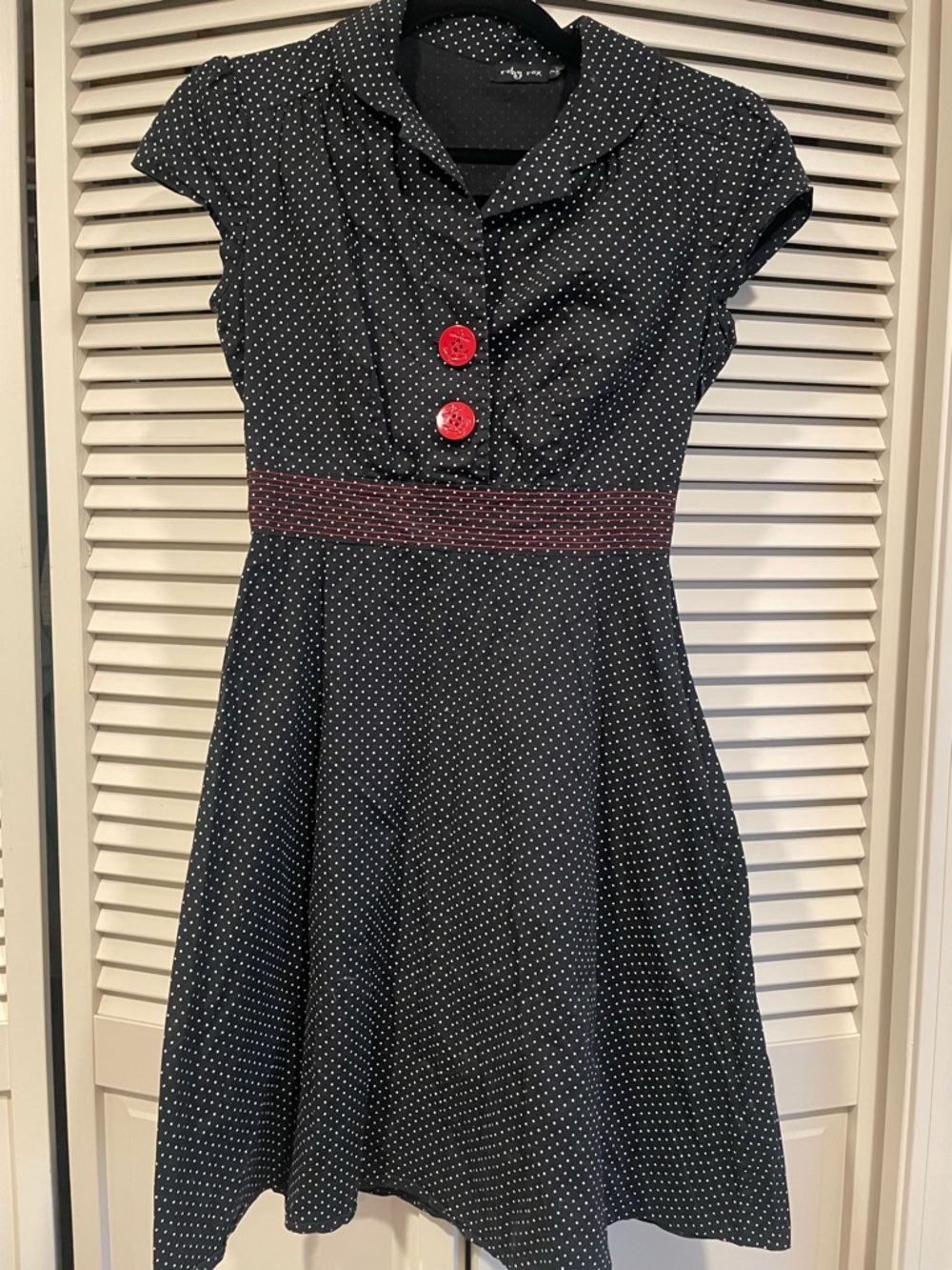 Ruby Rox Black Polka Dot Mini Dress with Red Buttons and Waistband